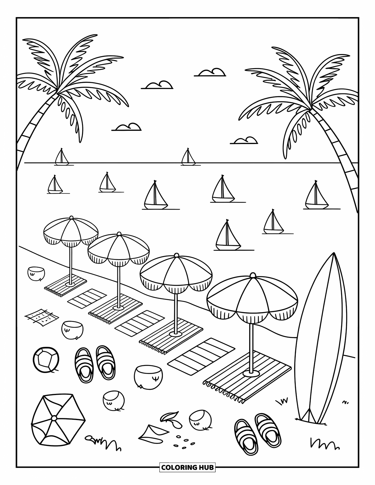 Brazil Coloring Page for Adults: A peaceful beach with palm trees and sailboats on the horizon