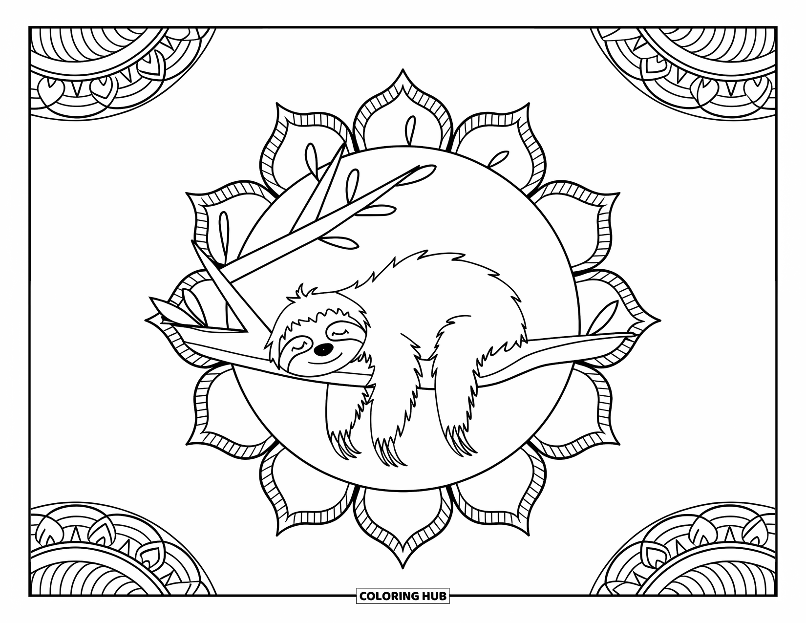 Brazil Coloring Page for Adults: A sleepy sloth rests on a tree limb within a lotus-shaped frame