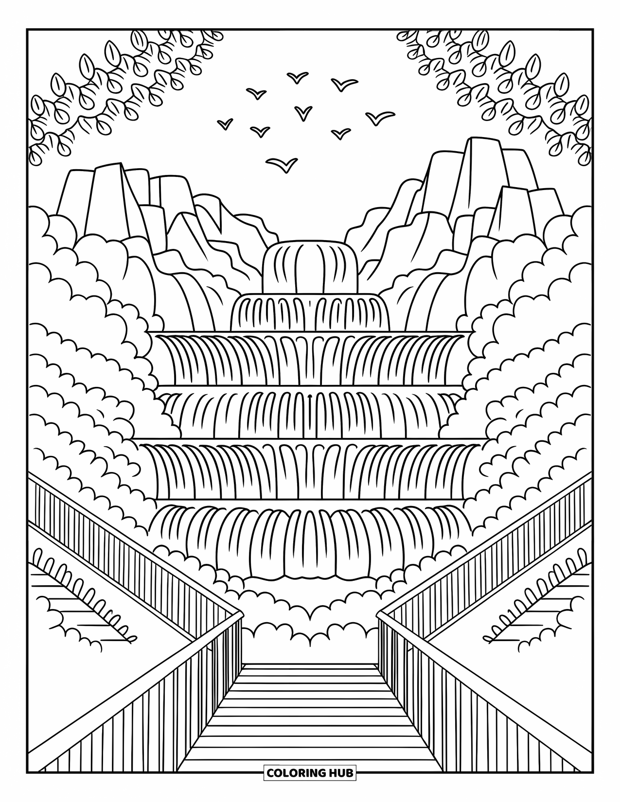 Brazil Coloring Page for Adults: A tiered waterfall surrounded by nature and soaring birds