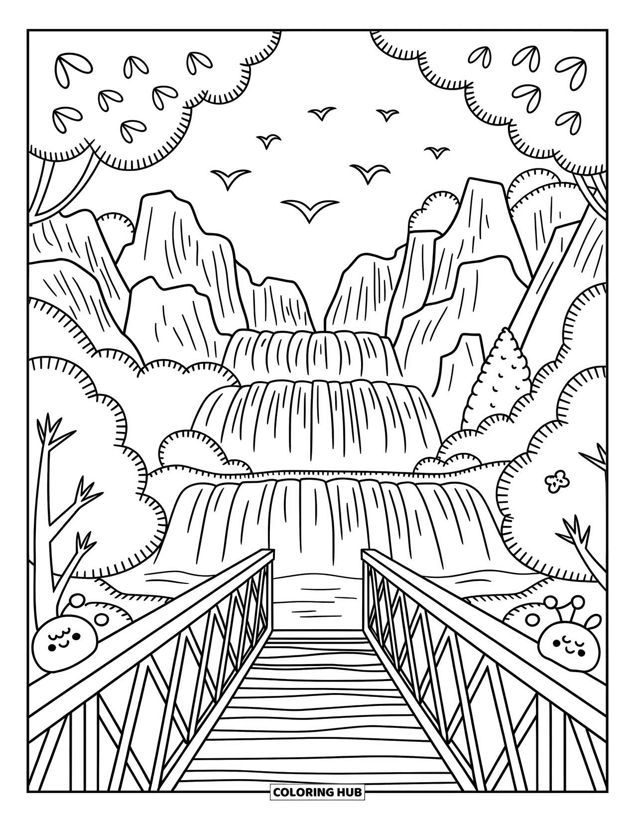 Brazil Coloring Page for Adults: A waterfall scene with rocks, trees, and a wooden walkway