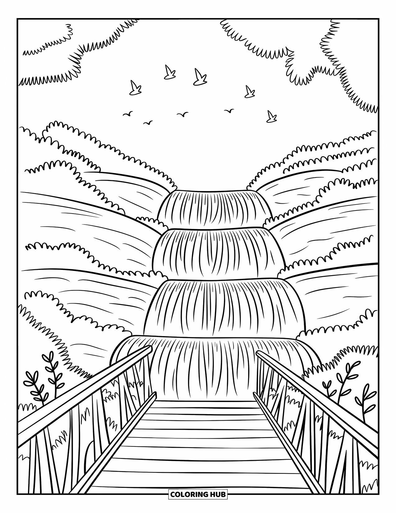 Brazil Coloring Page for Adults: Graceful waterfalls cascade through lush trees and wooden bridges
