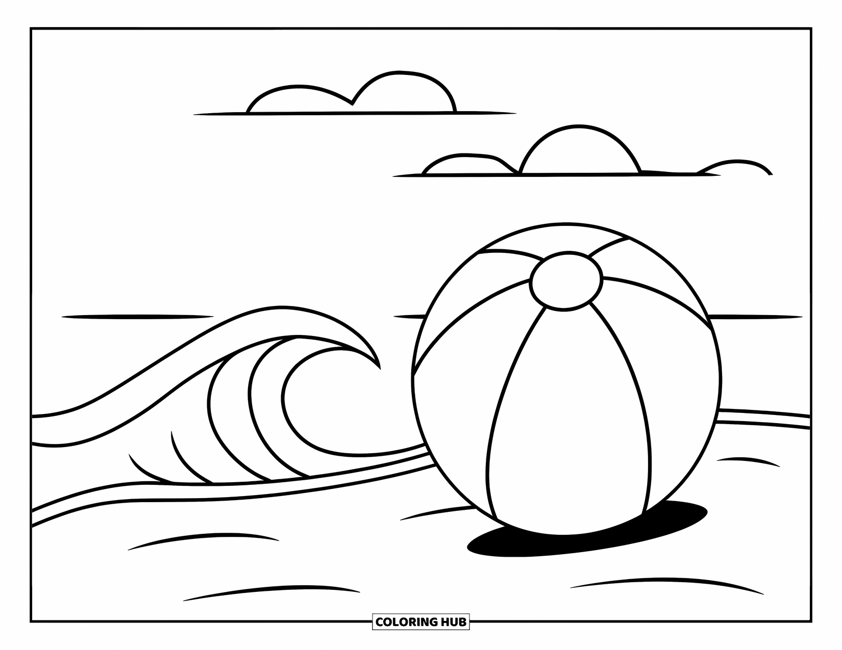 Brazil Coloring Page for Kids: A beach ball rests on Copacabana's sunny sand and waves