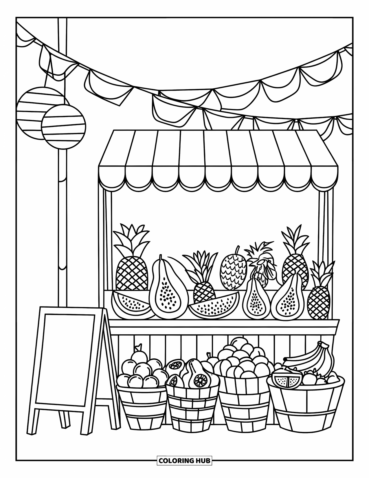Brazil Coloring Page for Kids: A Brazilian fruit stall shaded by a striped awning and lanterns