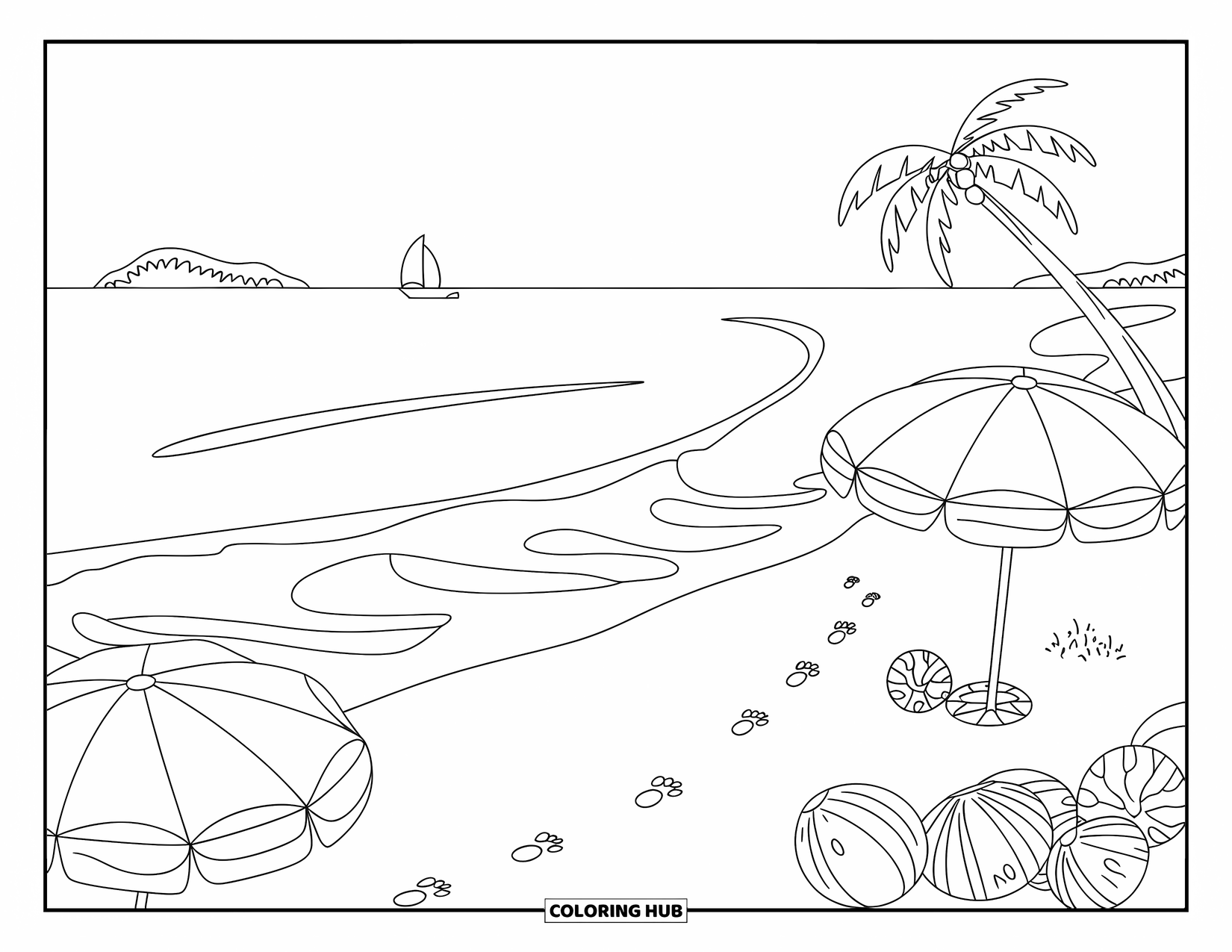Brazil Coloring Page for Kids: A calm Brazilian beach with waves, umbrellas, and a leaning palm