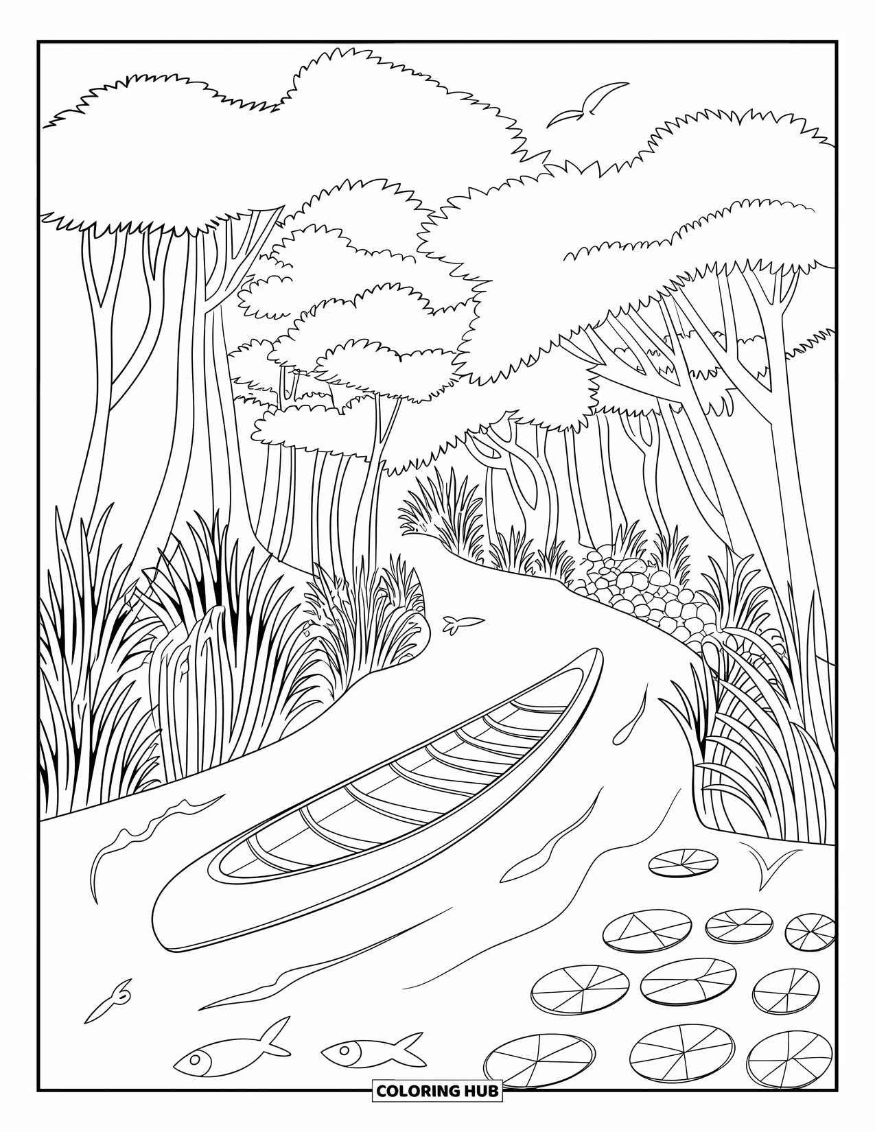 Brazil Coloring Page for Kids: A canoe drifts through a lush river surrounded by tall trees
