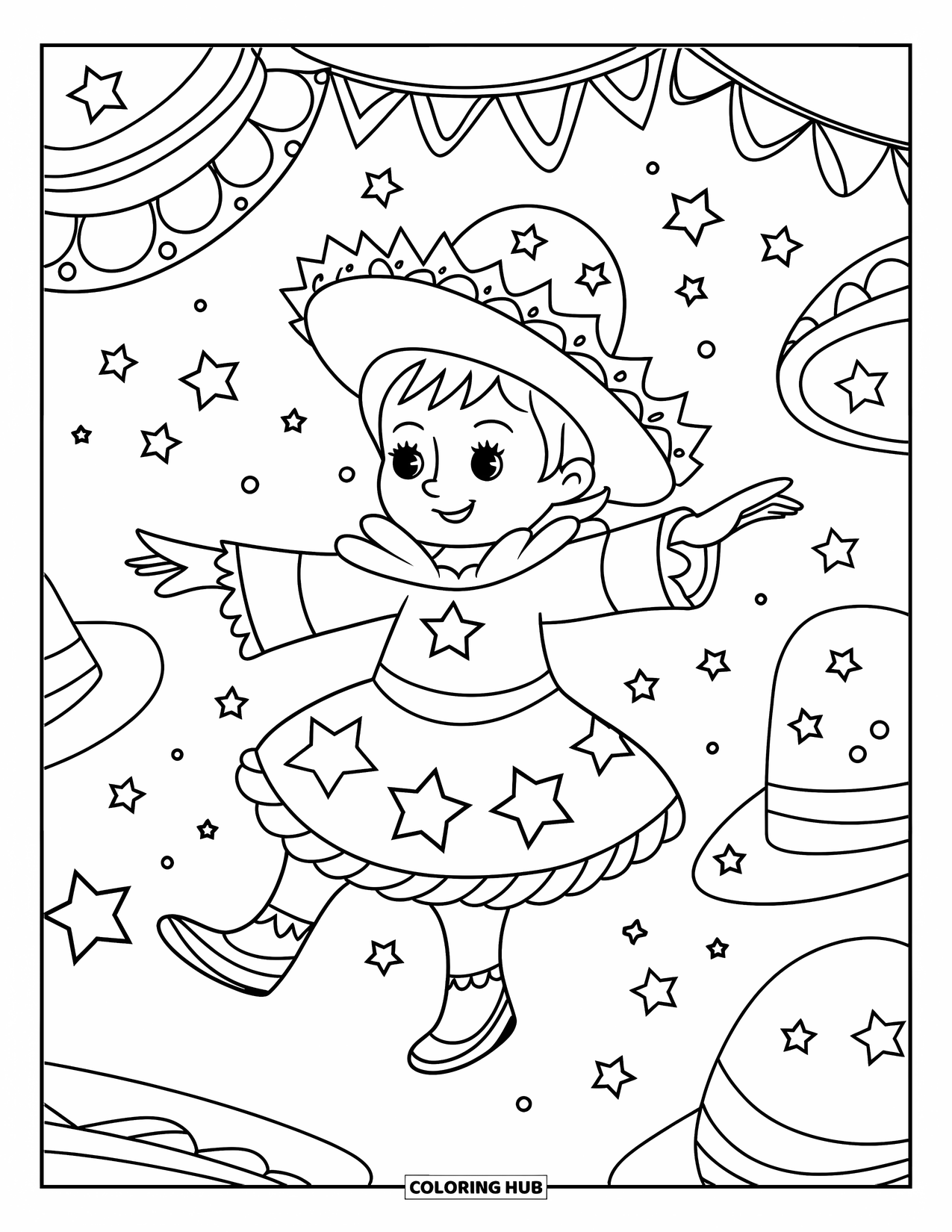 Brazil Coloring Page for Kids: A cheerful Carnival dancer shines beneath glowing stars