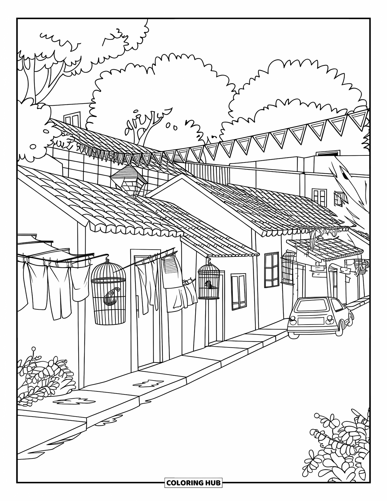 Brazil Coloring Page for Kids: A cheerful lane with colorful houses and hanging banners