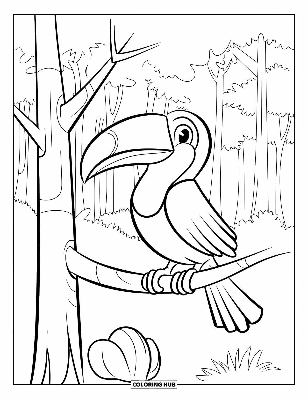 Brazil Coloring Page for Kids: A cheerful toucan perches on a branch in the forest