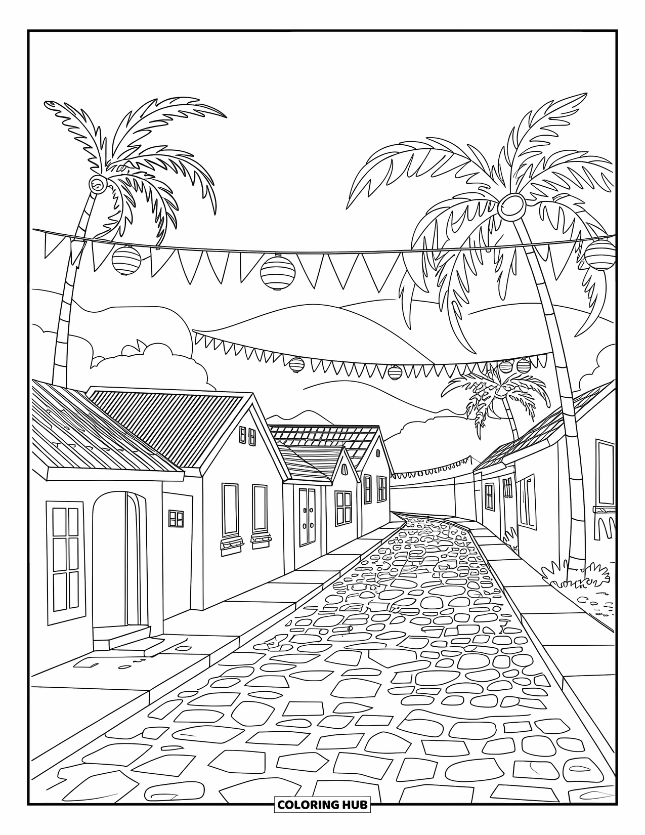 Brazil Coloring Page for Kids: A cobblestone street with red-roofed homes and palm trees