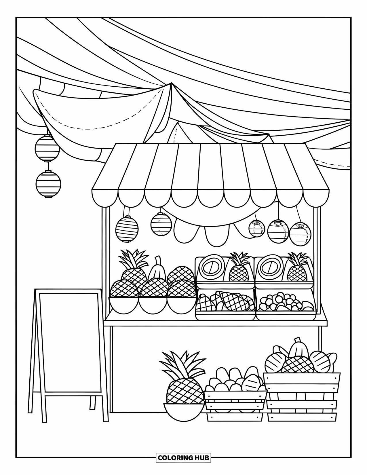 Brazil Coloring Page for Kids: A fruit stall displays pineapples, bananas, and colorful tropical treats