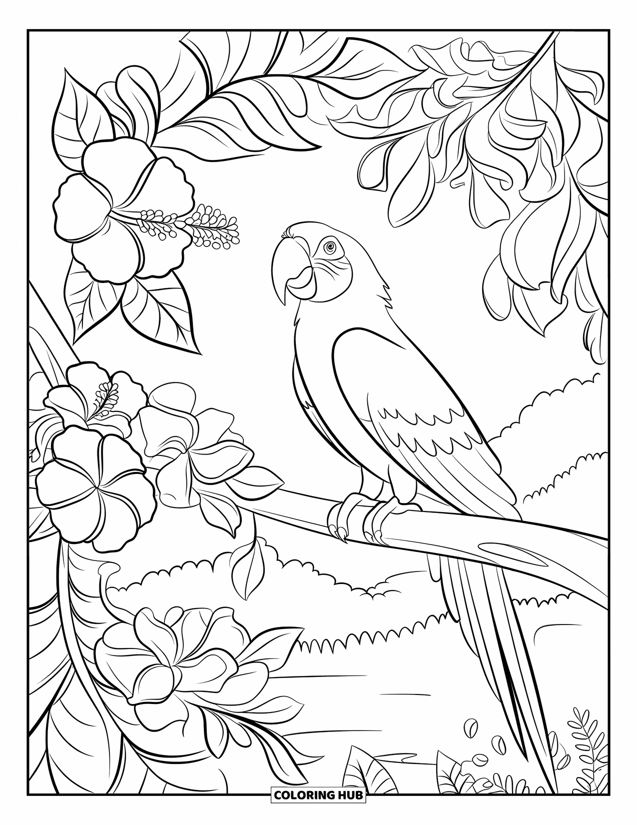 Brazil Coloring Page for Kids: A macaw perches on a tree branch covered in tropical flowers