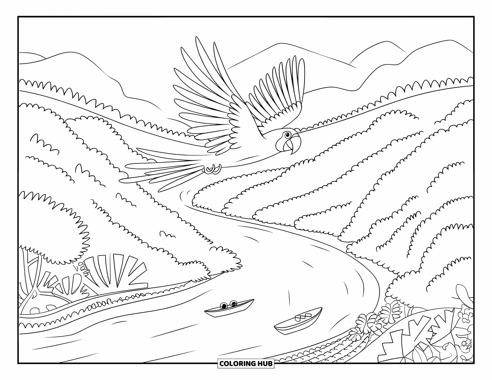 Brazil Coloring Page for Kids: A macaw soars high above the winding Amazon River