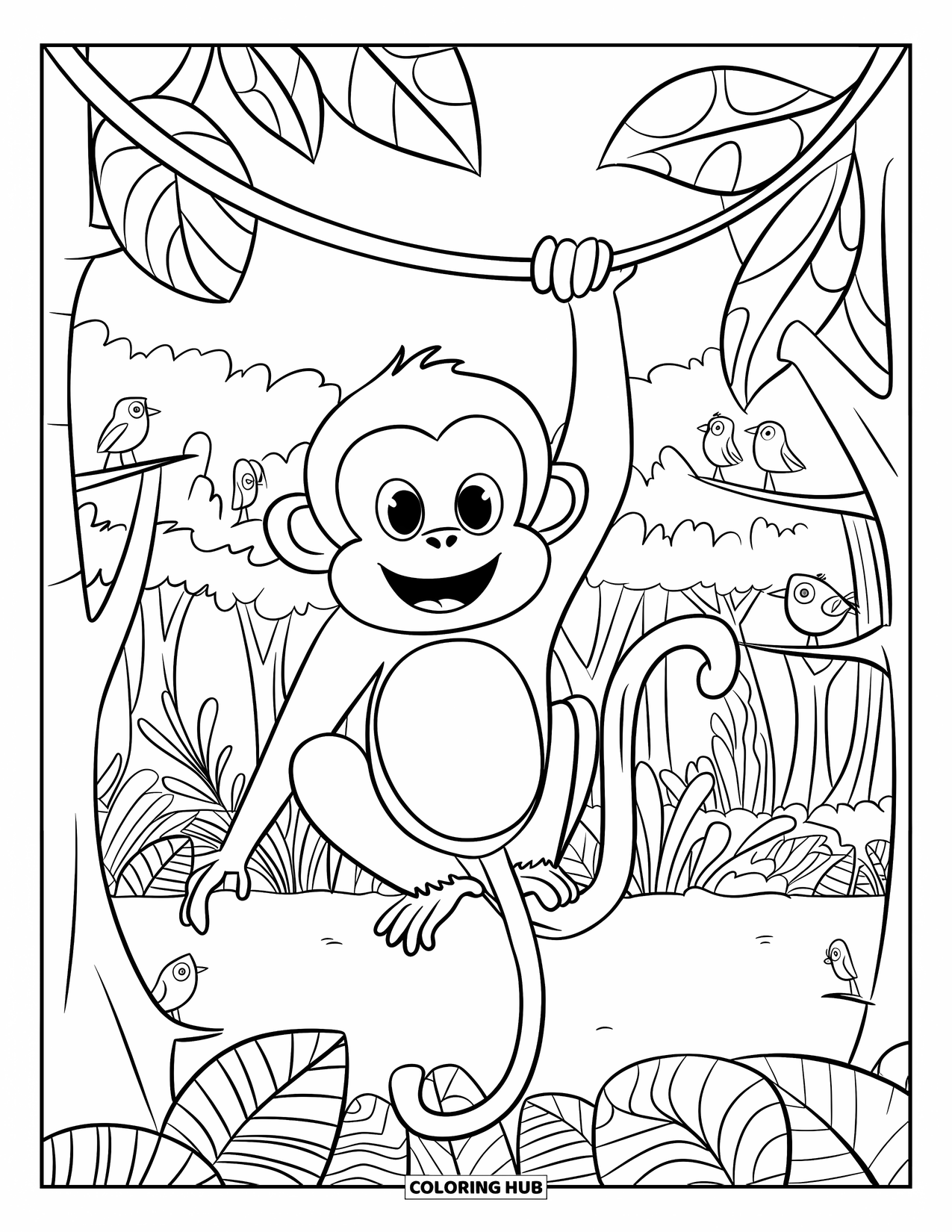 Brazil Coloring Page for Kids: A monkey swings joyfully between rainforest trees