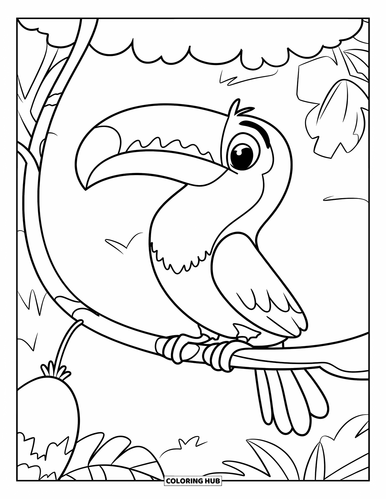 Brazil Coloring Page for Kids: A playful toucan balances on a branch above the fields