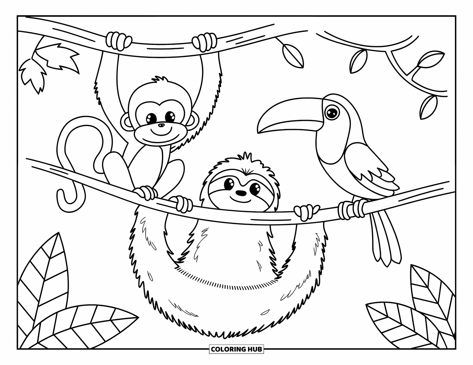 Brazil Coloring Page for Kids: A playful trio of jungle animals among leaves and vines