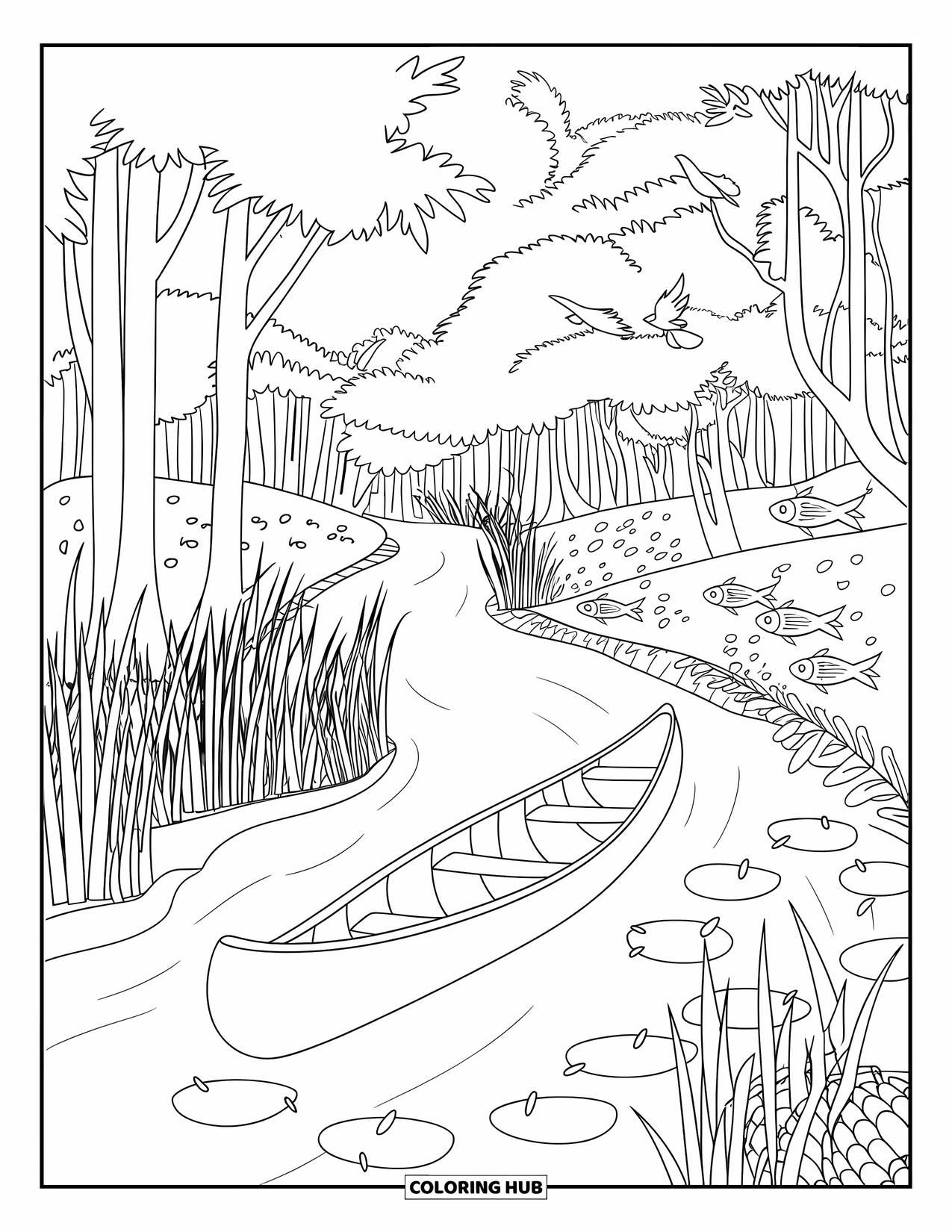 Brazil Coloring Page for Kids: A serene canoe ride through the trees of a dense rainforest