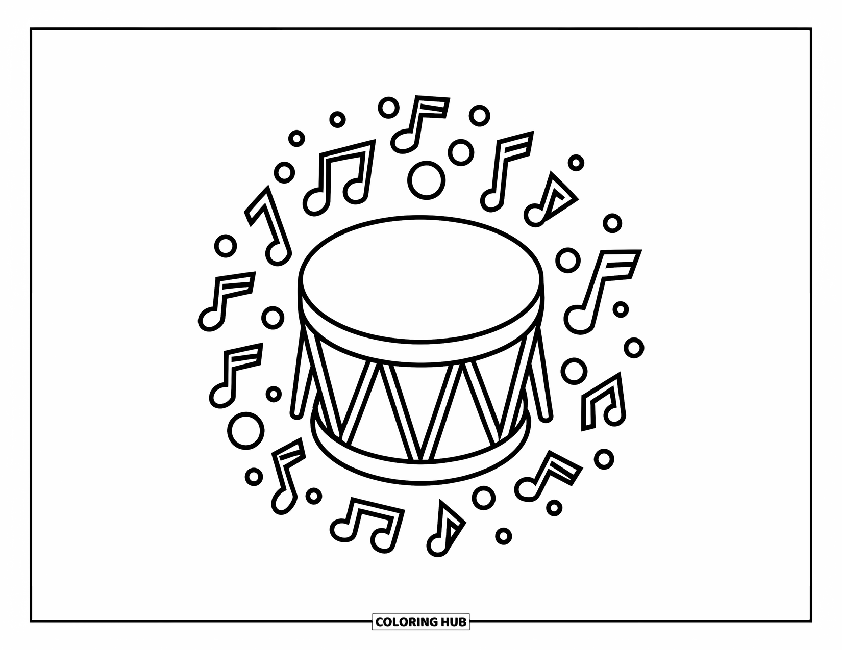 Brazil Coloring Page for Kids: A single samba drum surrounded by floating music notes