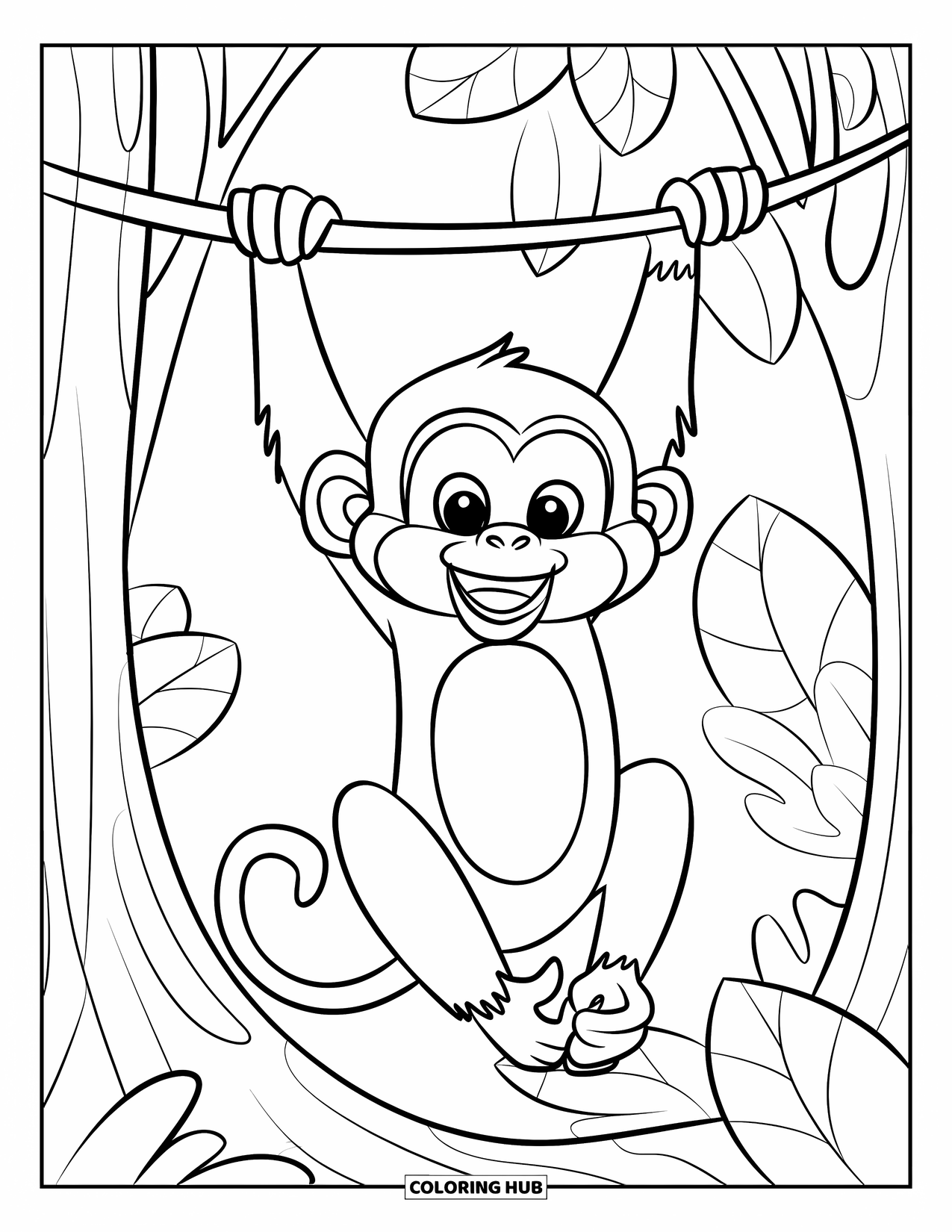 Brazil Coloring Page for Kids: A smiling monkey swings playfully on a jungle vine