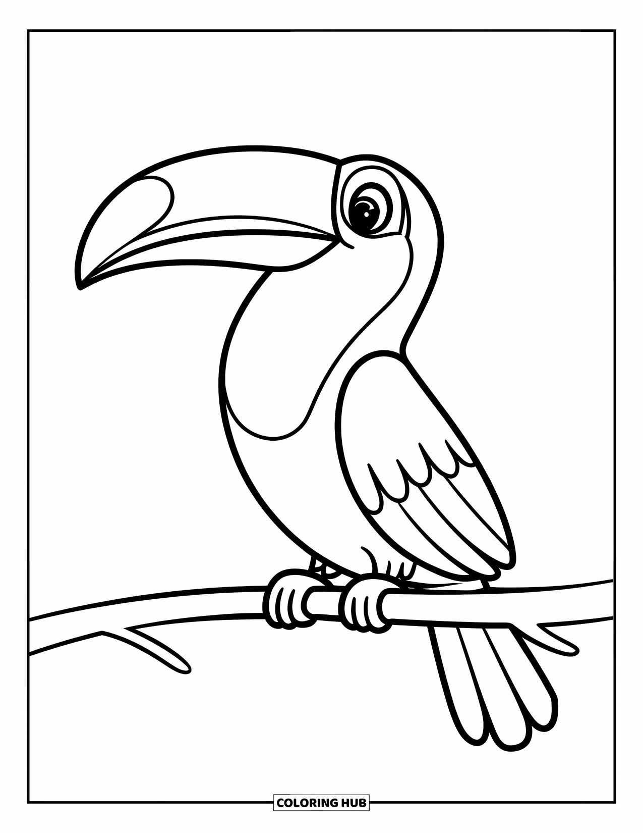 Brazil Coloring Page for Kids: A smiling toucan perches happily on a thin tree branch