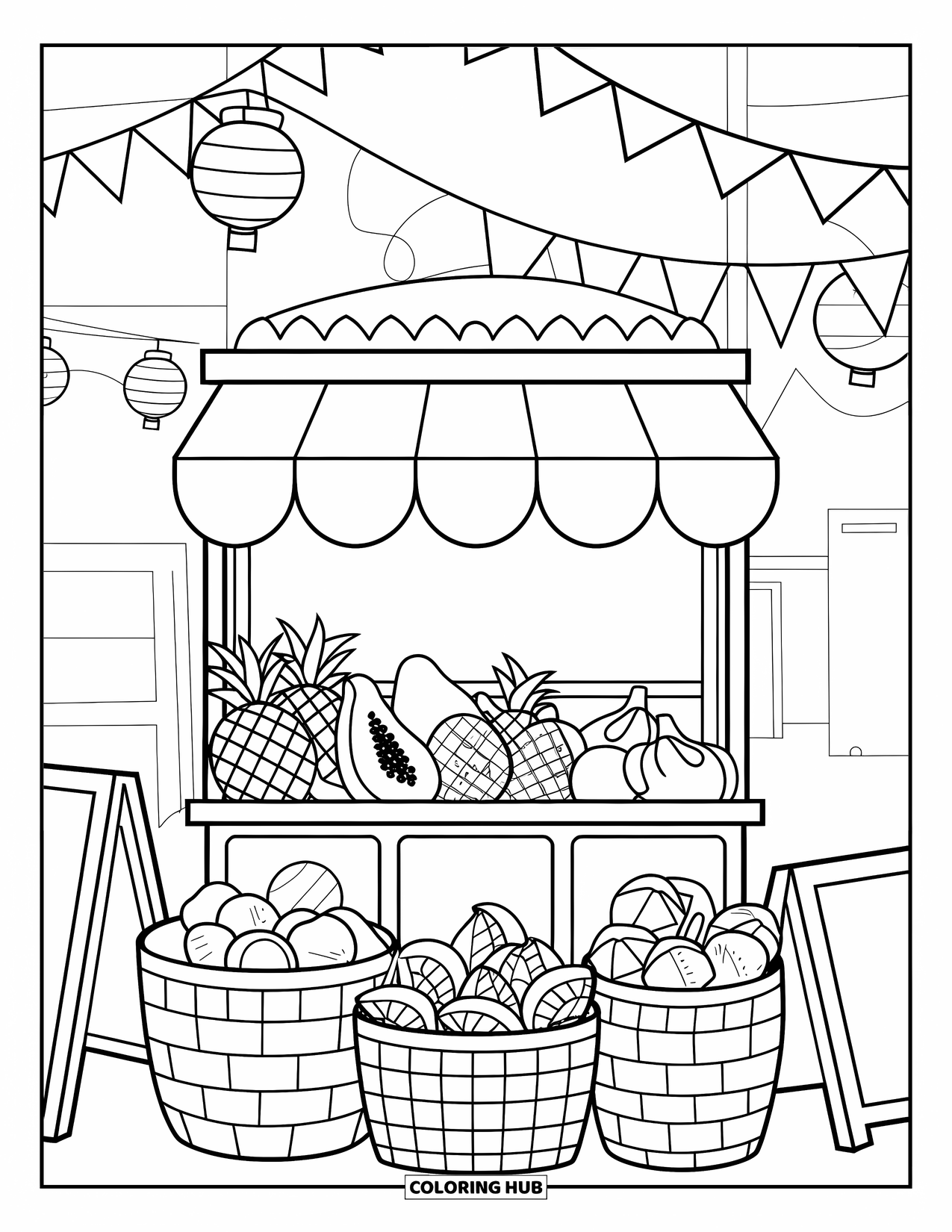 Brazil Coloring Page for Kids: A street vendor's stand filled with pineapples, guavas, and papayas