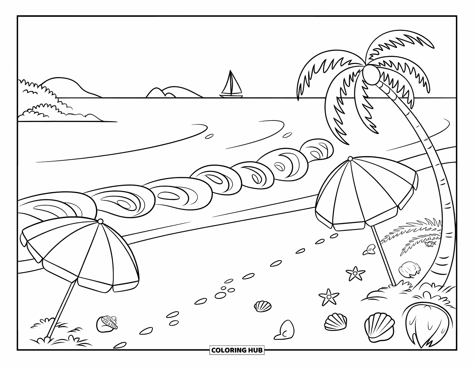 Brazil Coloring Page for Kids: A sunny beach with waves, shells, and a lone palm tree
