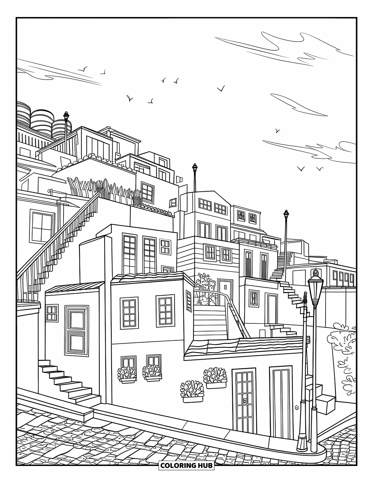 Brazil Coloring Page for Kids: Stacked hillside homes fill a lively Brazilian favela