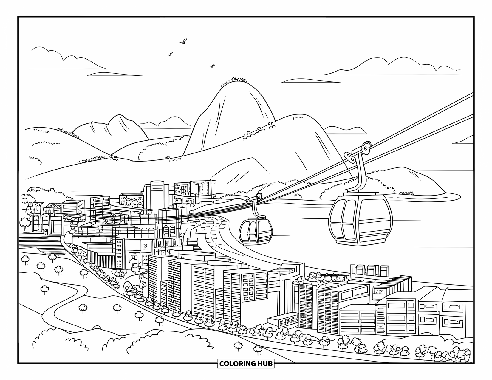 Brazil Coloring Page for Kids: Sugarloaf Mountain rises above Rio under a bright, clear sky