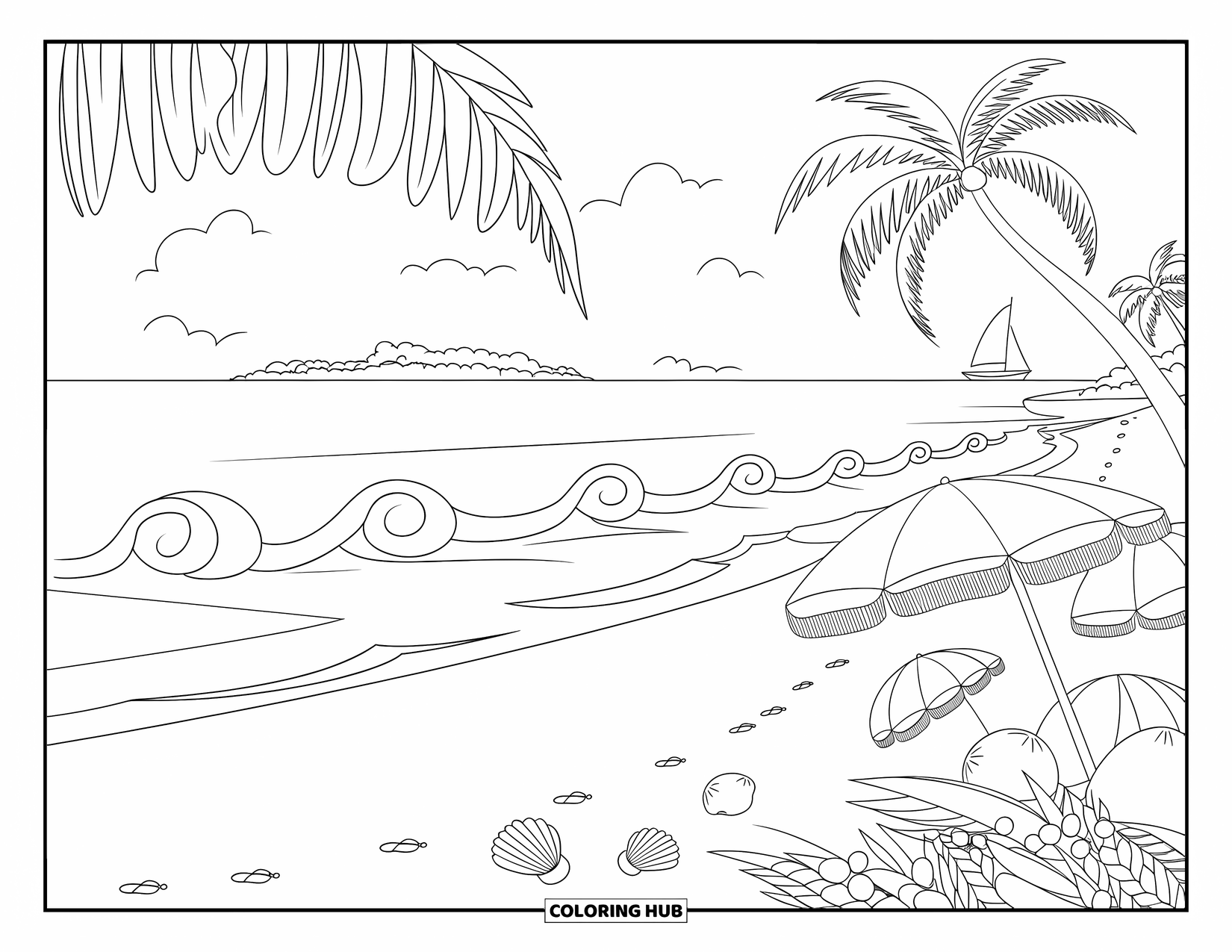 Brazil Coloring Page for Kids: Waves roll onto a peaceful beach lined with umbrellas and shells