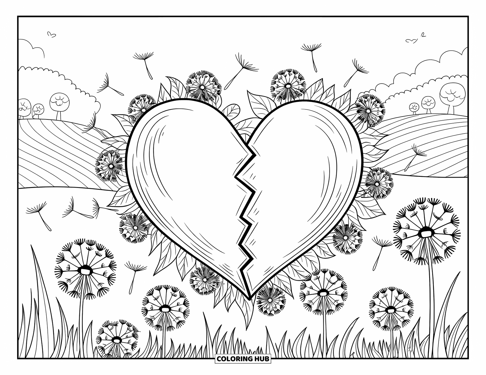 Broken Heart Coloring Page for Adults: A broken heart blooms with dandelions in a peaceful meadow