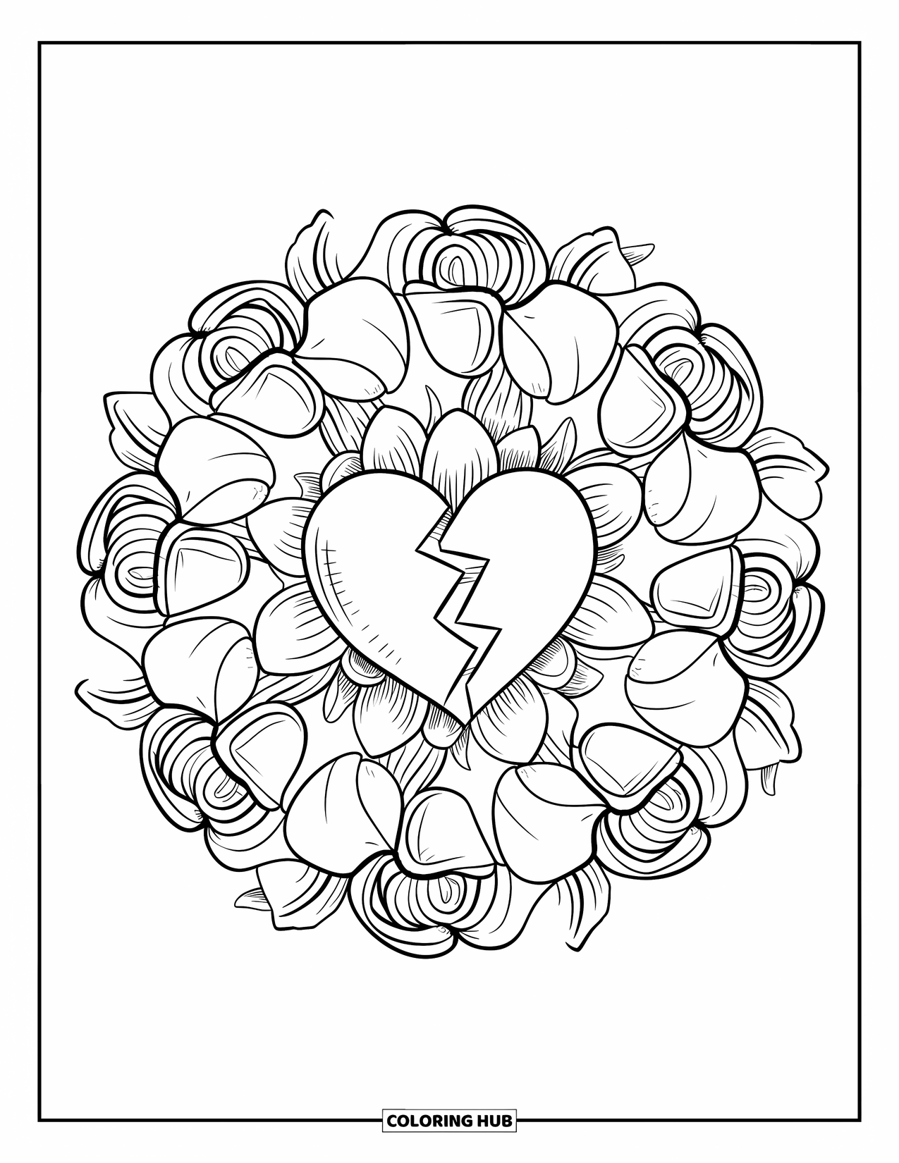 Broken Heart Coloring Page for Adults: A broken heart is surrounded by roses and playful floral mandala swirls