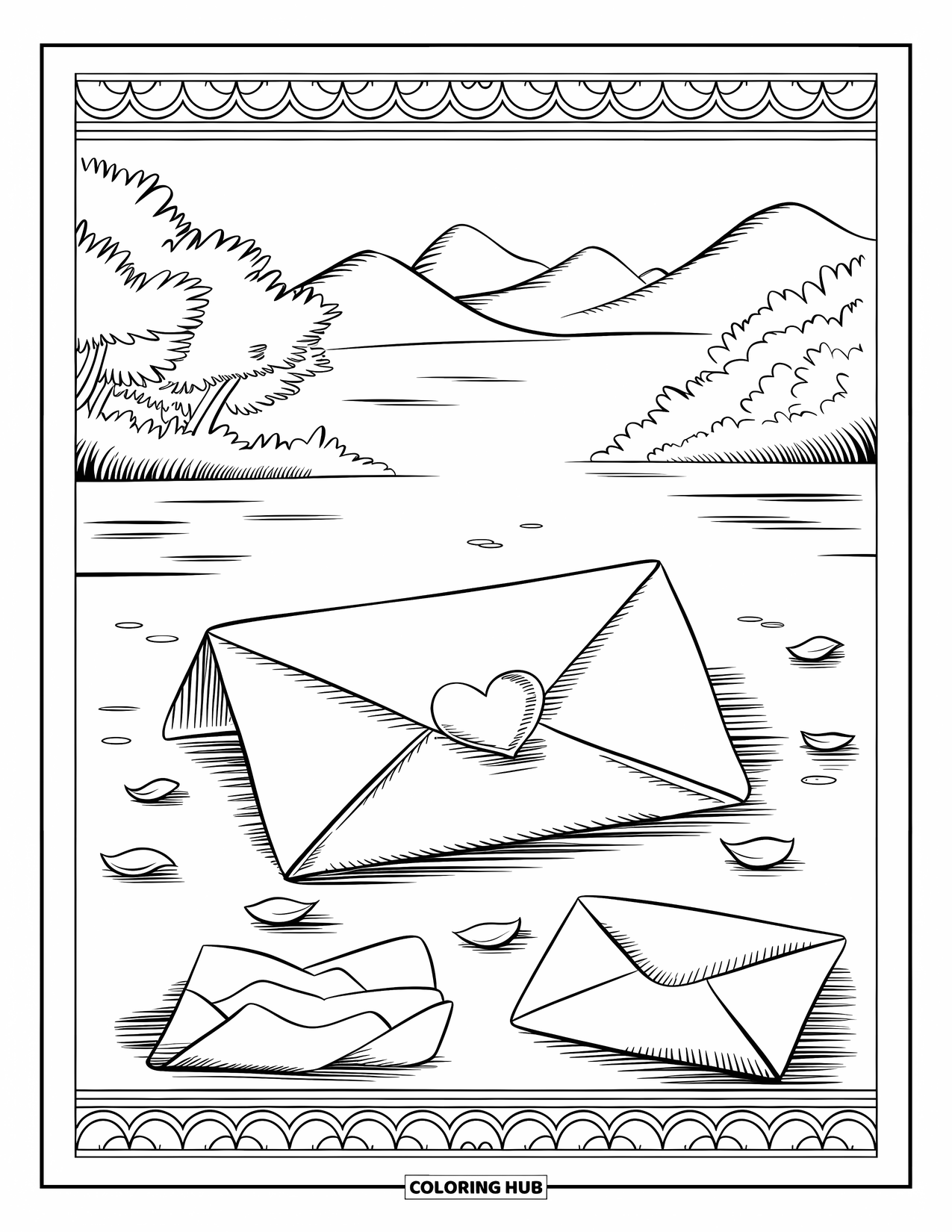 Broken Heart Coloring Page for Adults: A broken love letter lies among petals with envelopes and a peaceful landscape