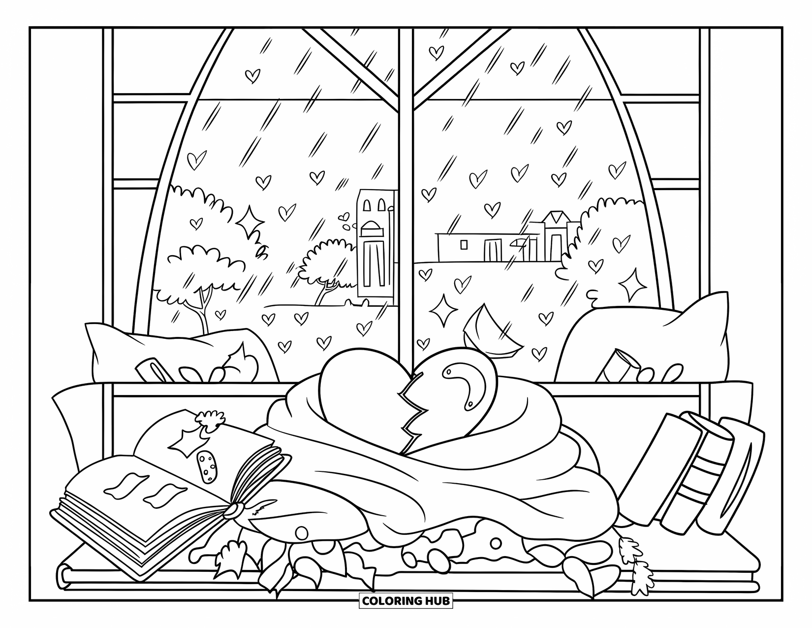 Broken Heart Coloring Page for Adults: A bundled-up heart relaxes with books as rain falls outside the big window