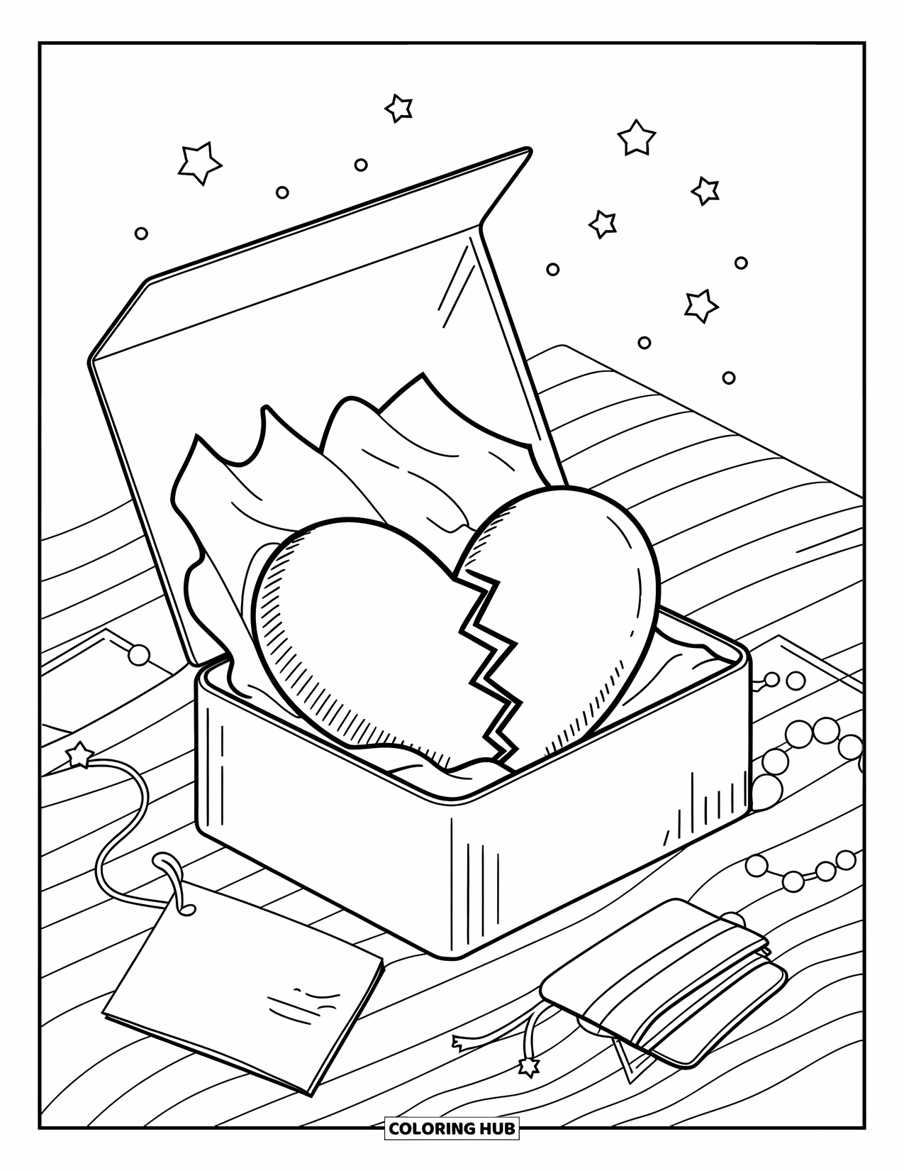 Broken Heart Coloring Page for Adults: A cracked heart wrapped in ribbon sits gently inside an open gift box