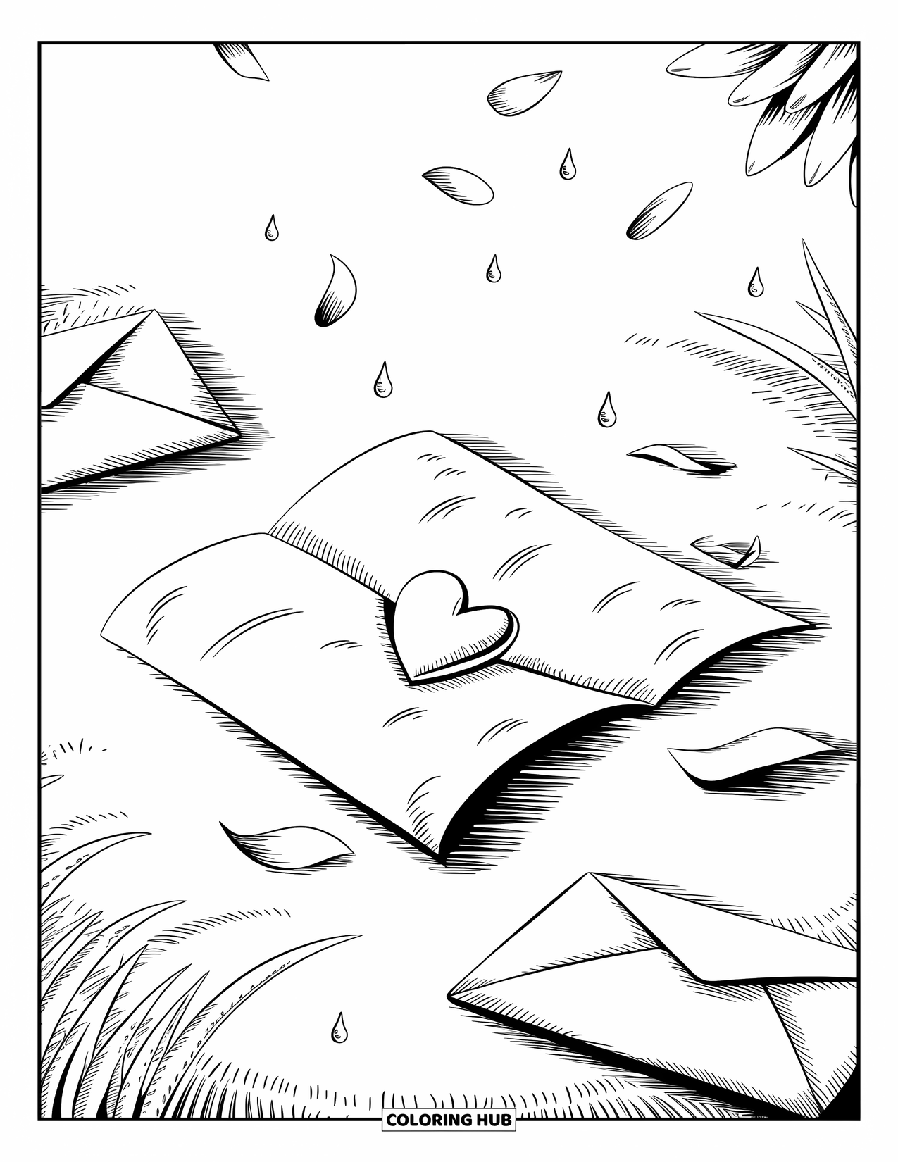 Broken Heart Coloring Page for Adults: A half-torn love letter rests among petals, tears, and unopened envelopes