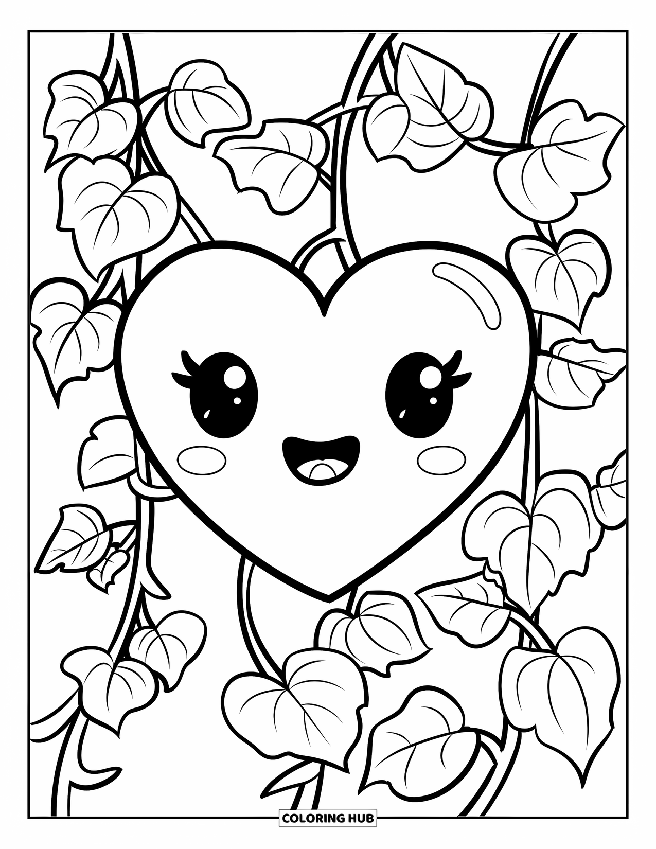 Broken Heart Coloring Page for Adults: A smiley heart peeks through fluffy ivy leaves with soft curves