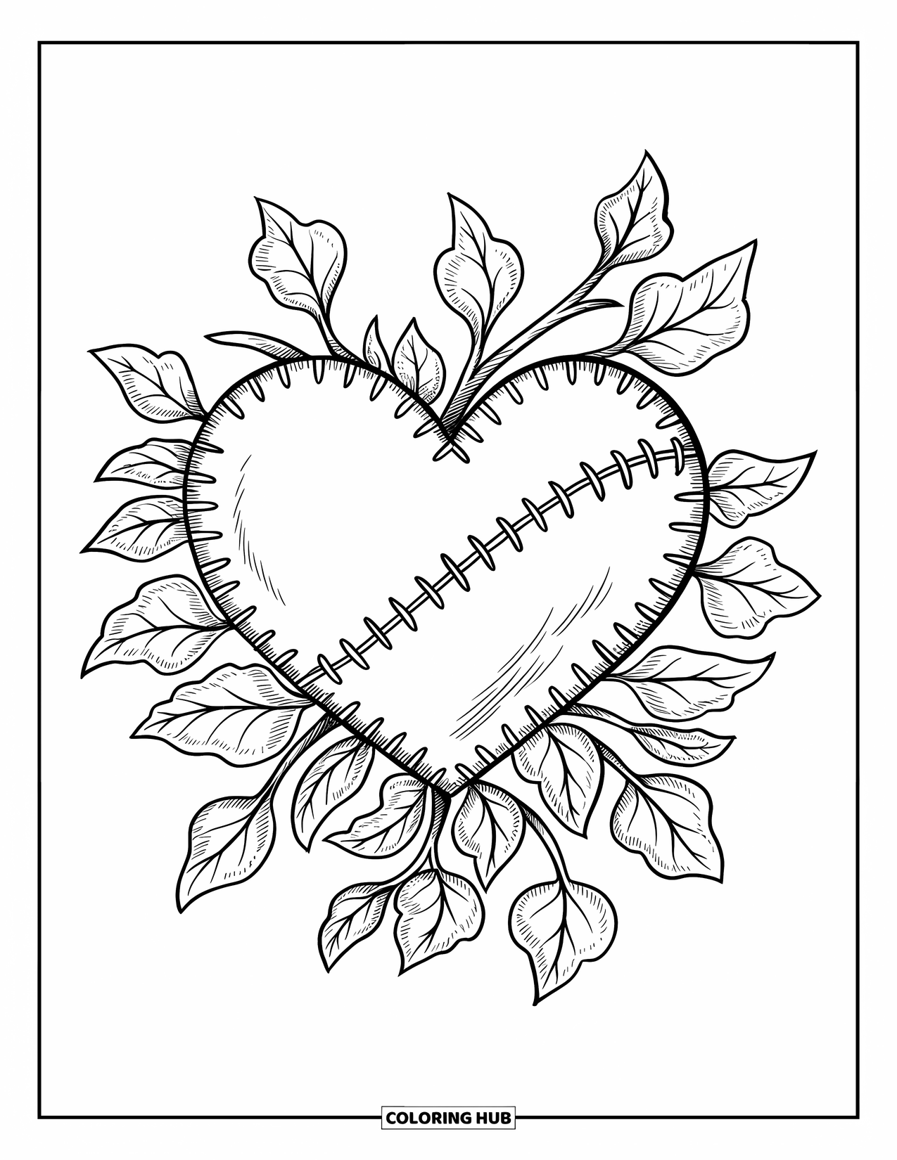Broken Heart Coloring Page for Adults: A stitched heart is wrapped in climbing ivy and leafy vines