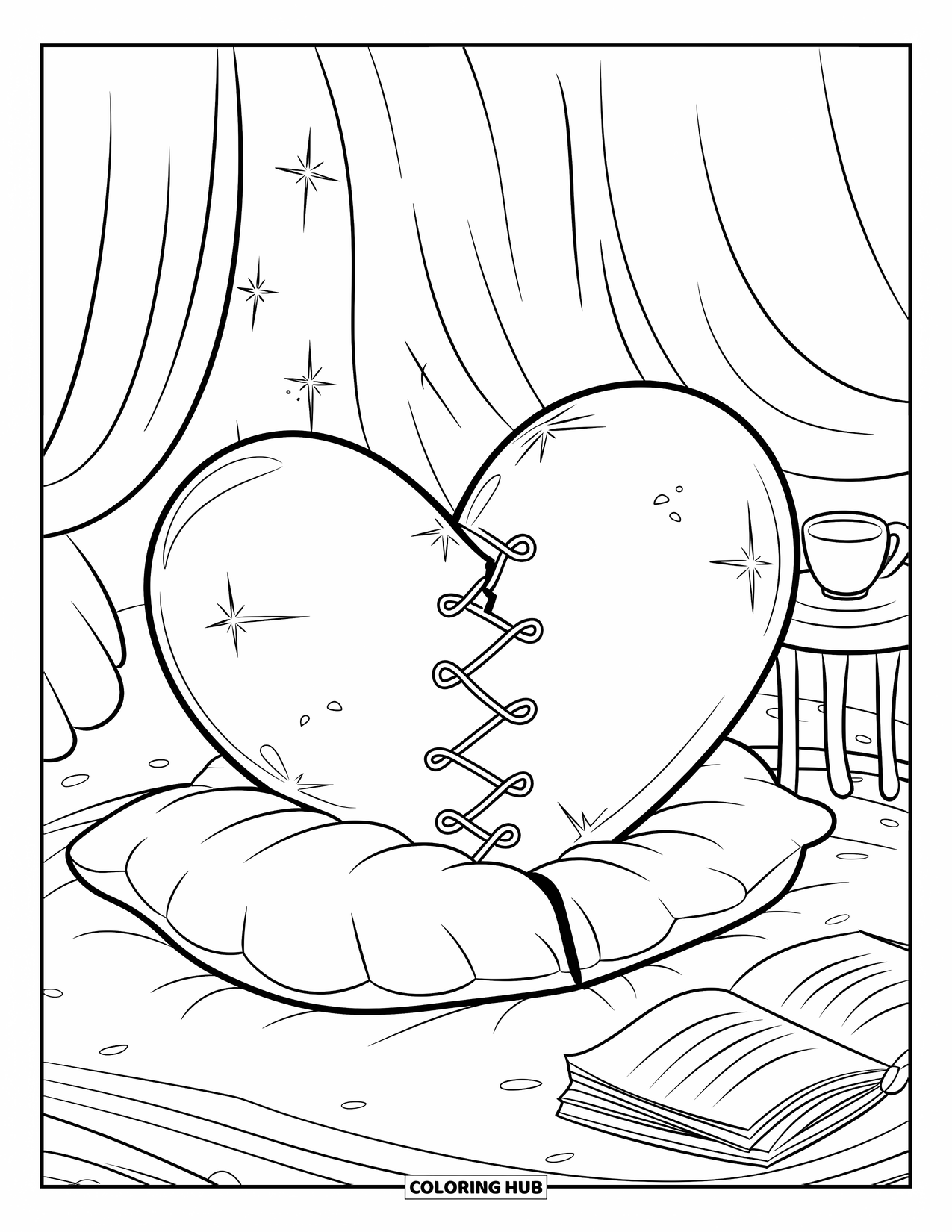 Broken Heart Coloring Page for Adults: A stitched heart sits on a fluffy pillow beside sparkles, tea, and soft curtains