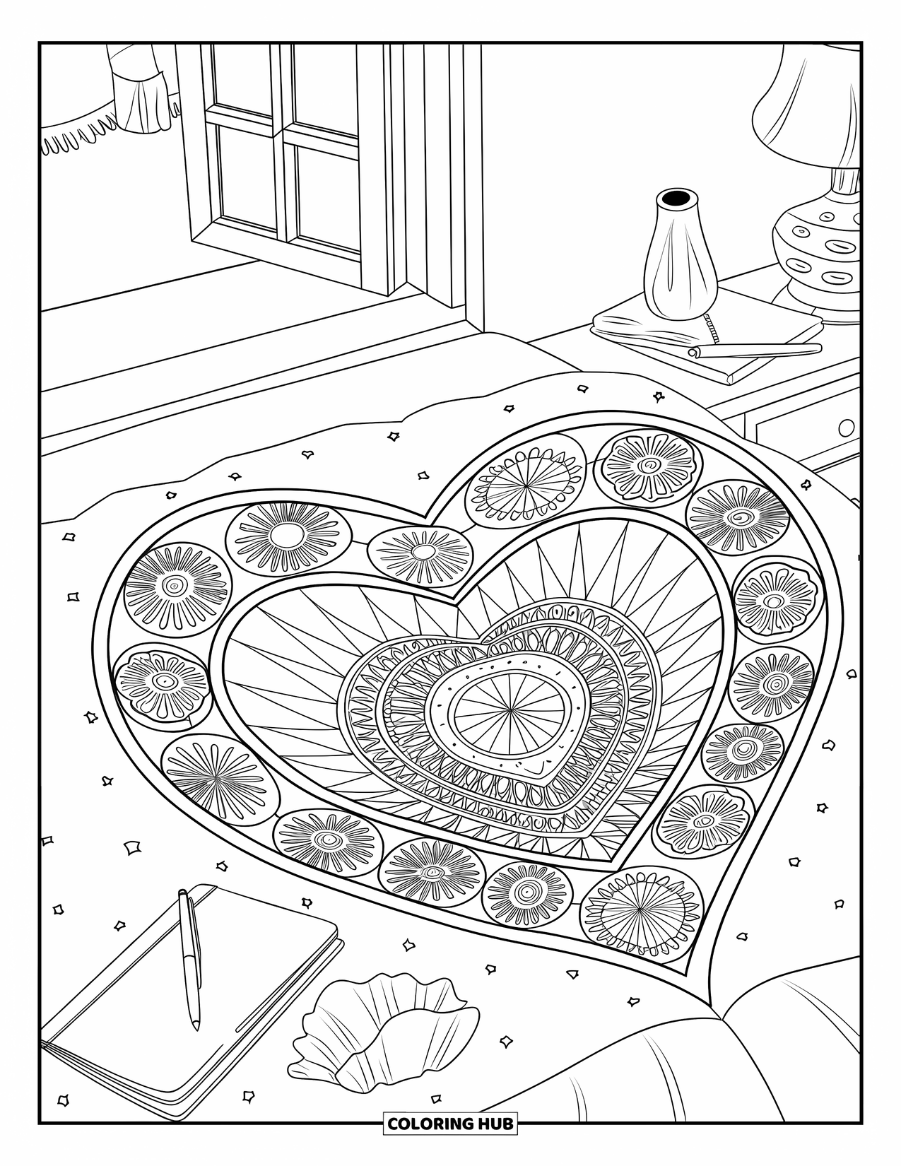 Broken Heart Coloring Page for Adults: A symbolic quilted heart rests in a cozy room with an open window