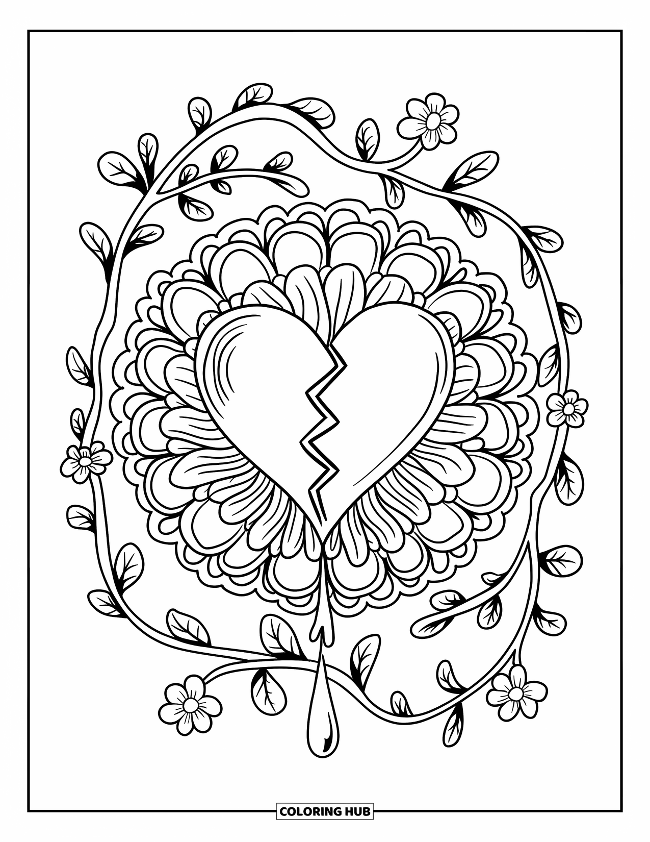 Broken Heart Coloring Page for Adults: A tear-shaped crack marks a heart framed in vines and floral swirls