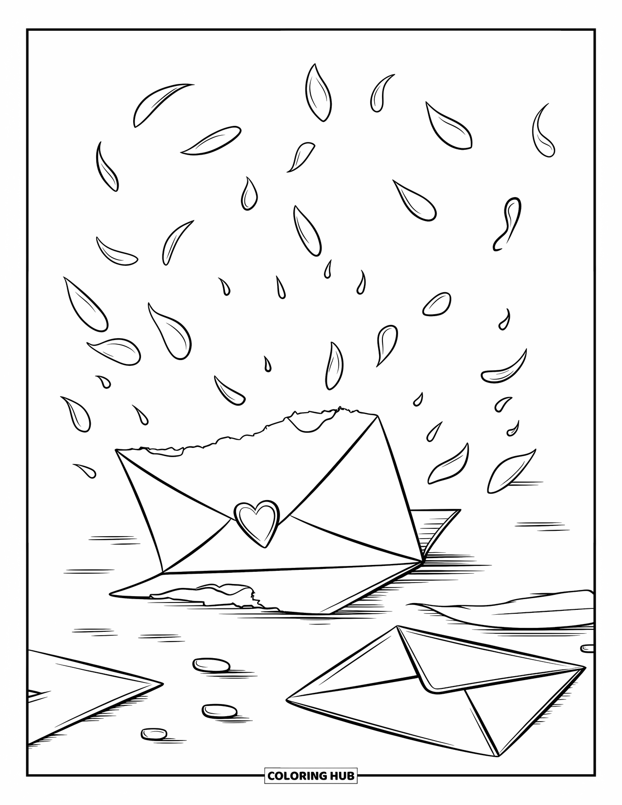 Broken Heart Coloring Page for Adults: A torn love letter with petals and envelopes lies quietly on the ground