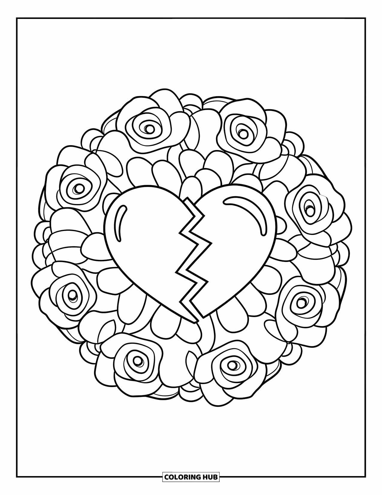 Broken Heart Coloring Page for Adults: Two heart halves sit inside a floral mandala made of soft roses