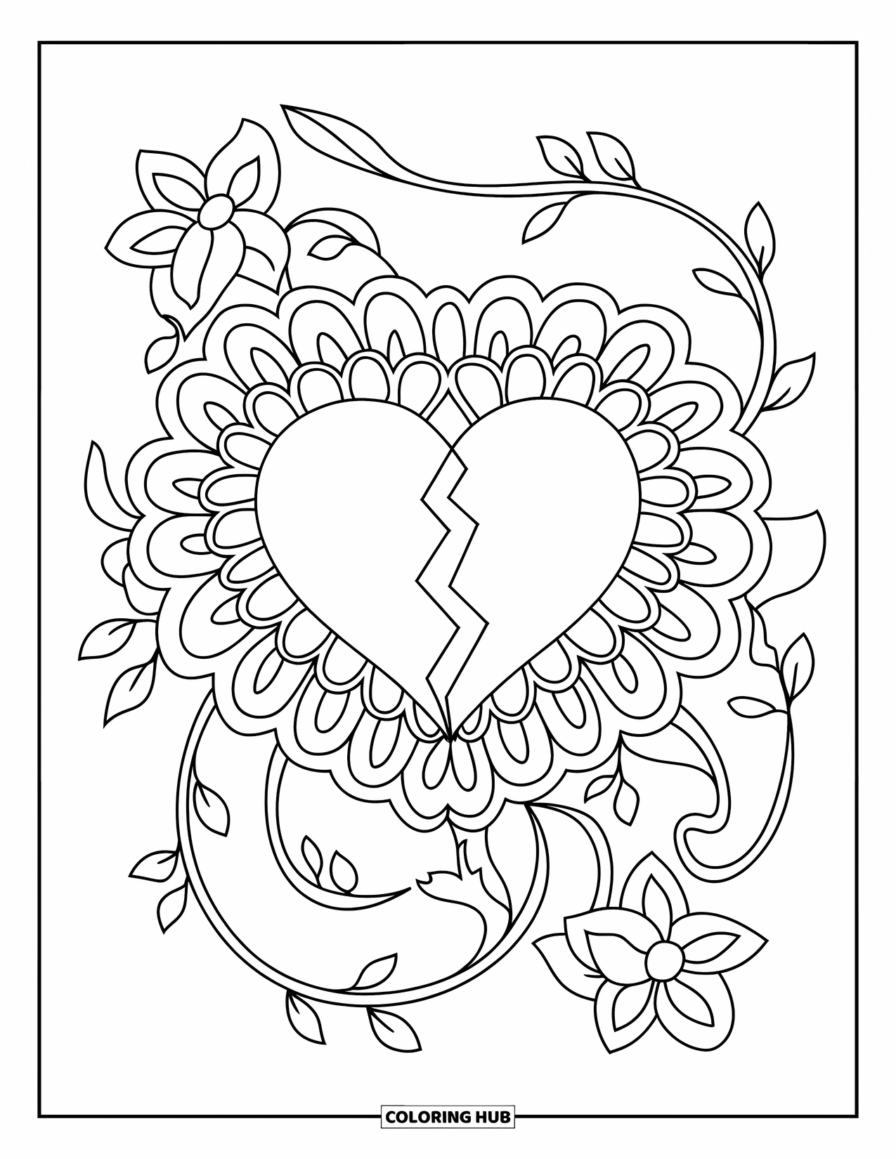 Broken Heart Coloring Page for Adults: Two patterned heart halves sit inside a floral mandala with twirling vines