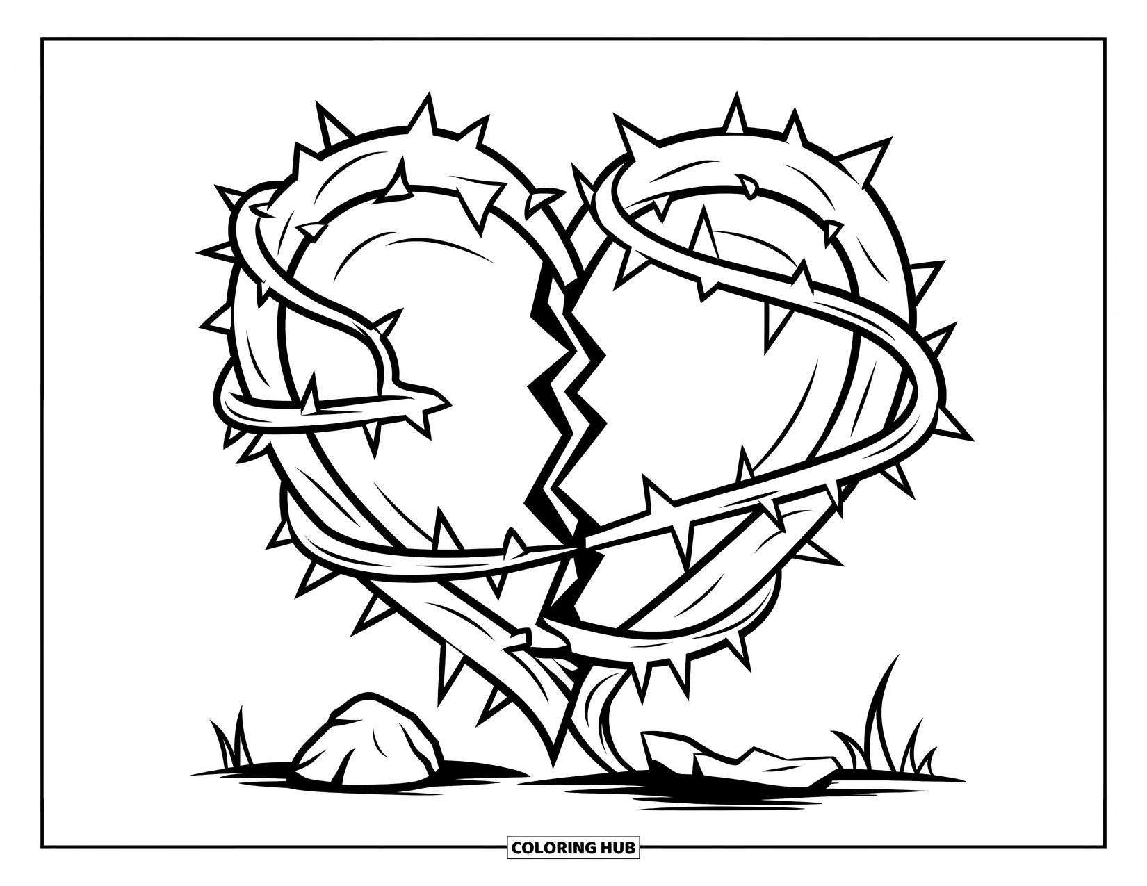 Broken Heart Coloring Page for Kids: A broken heart lies beside a rock, wrapped in coiled thorny vines