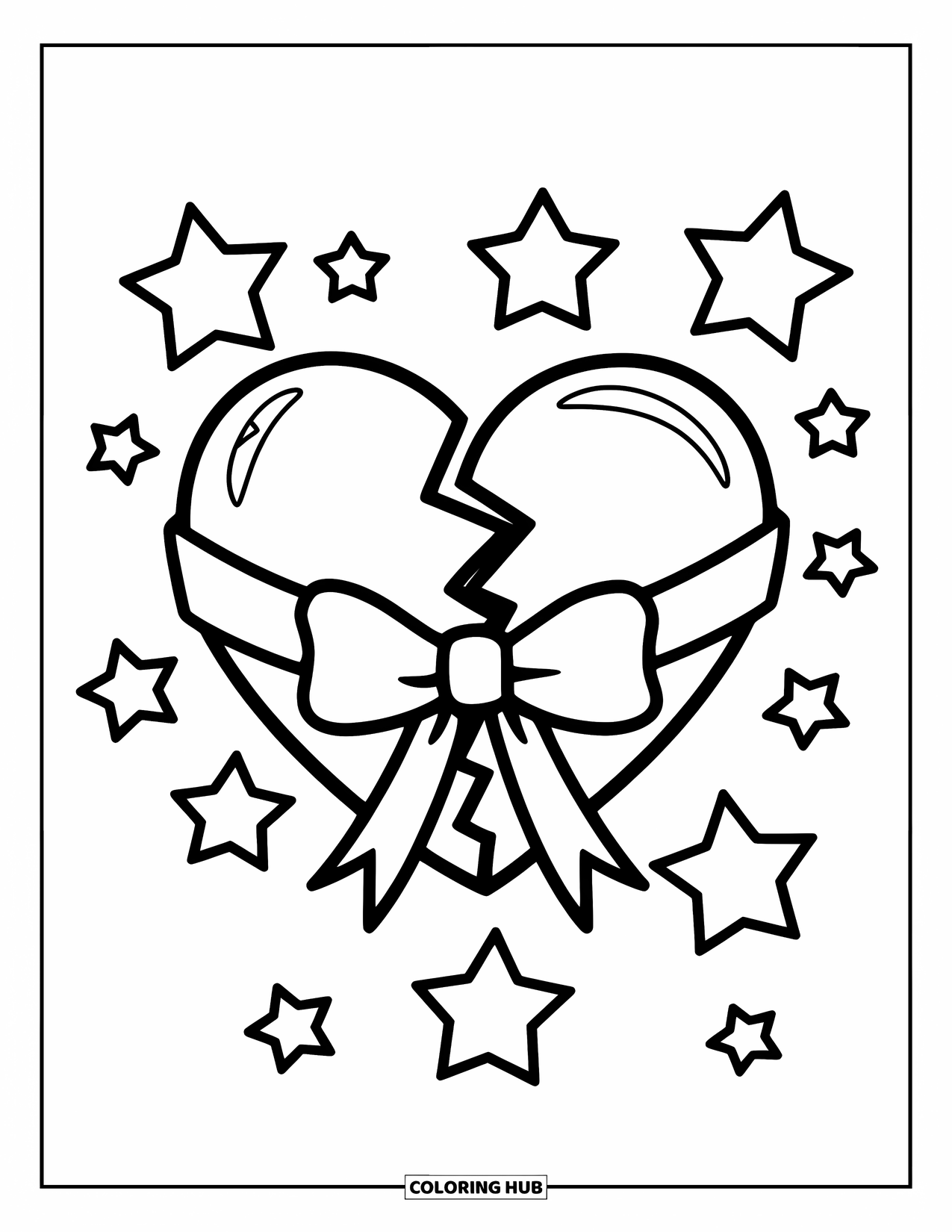 Broken Heart Coloring Page for Kids: A broken heart tied with a bow sits among scattered stars