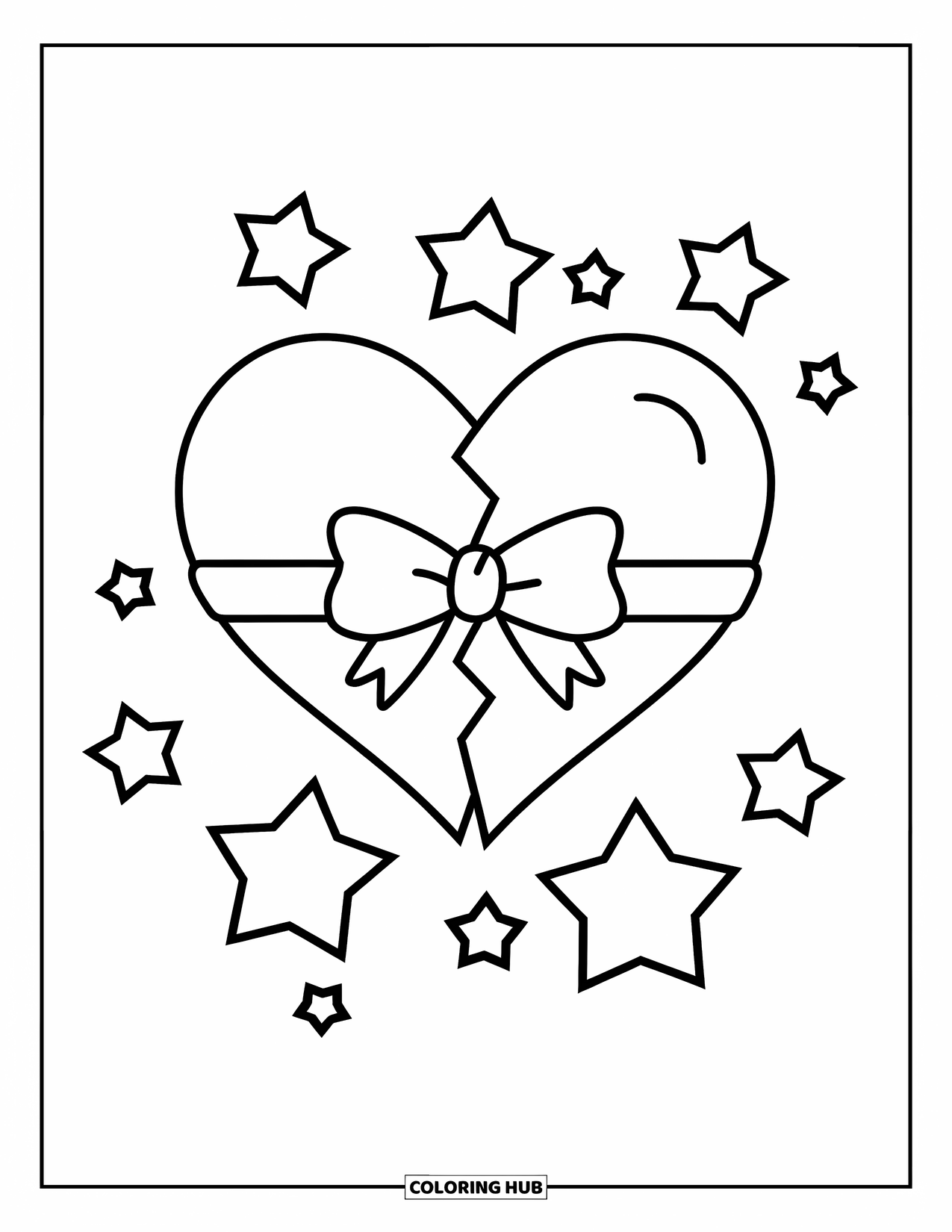 Broken Heart Coloring Page for Kids: A broken heart with a bow is surrounded by twinkling stars
