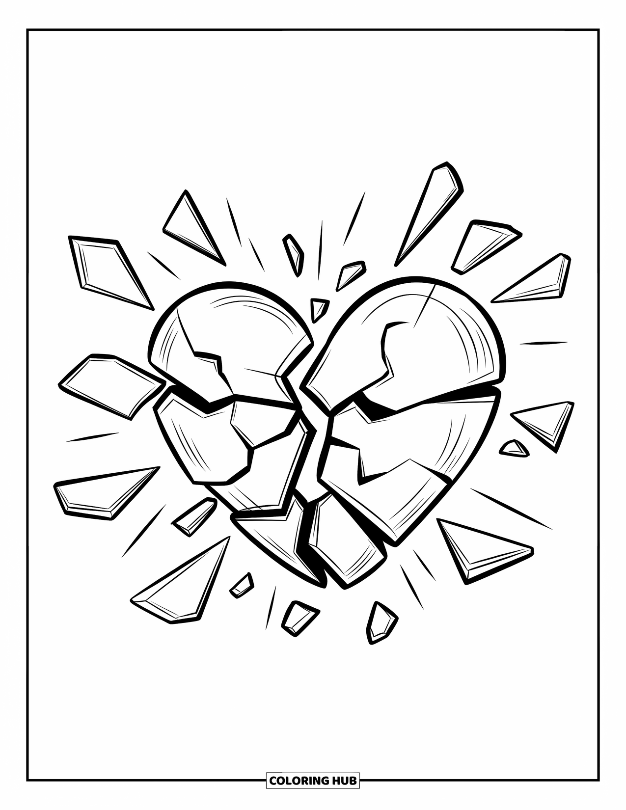 Broken Heart Coloring Page for Kids: A cracked heart breaks apart with pieces flying in all directions