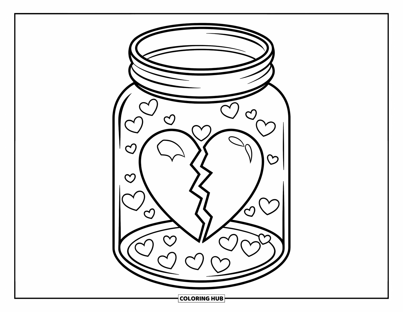 Broken Heart Coloring Page for Kids: A cracked heart floats in a jar surrounded by tiny hearts