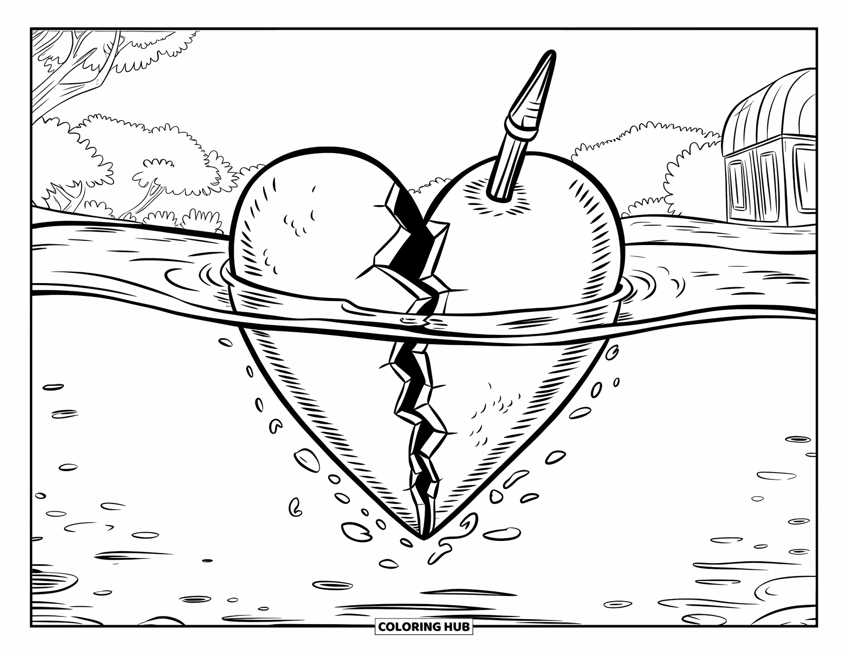 Broken Heart Coloring Page for Kids: A cracked heart in the water is pierced by something sharp