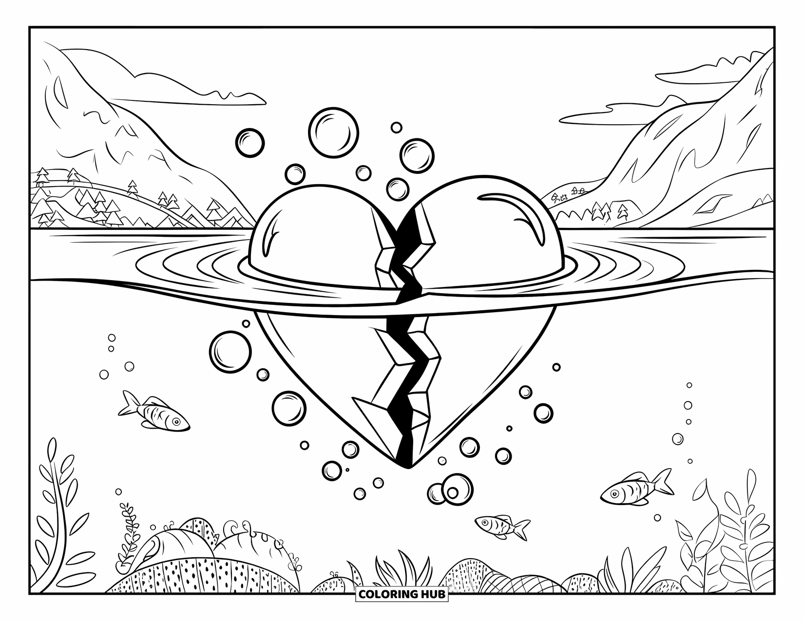 Broken Heart Coloring Page for Kids: A cracked heart in the water is surrounded by bubbles, fish, and mountains
