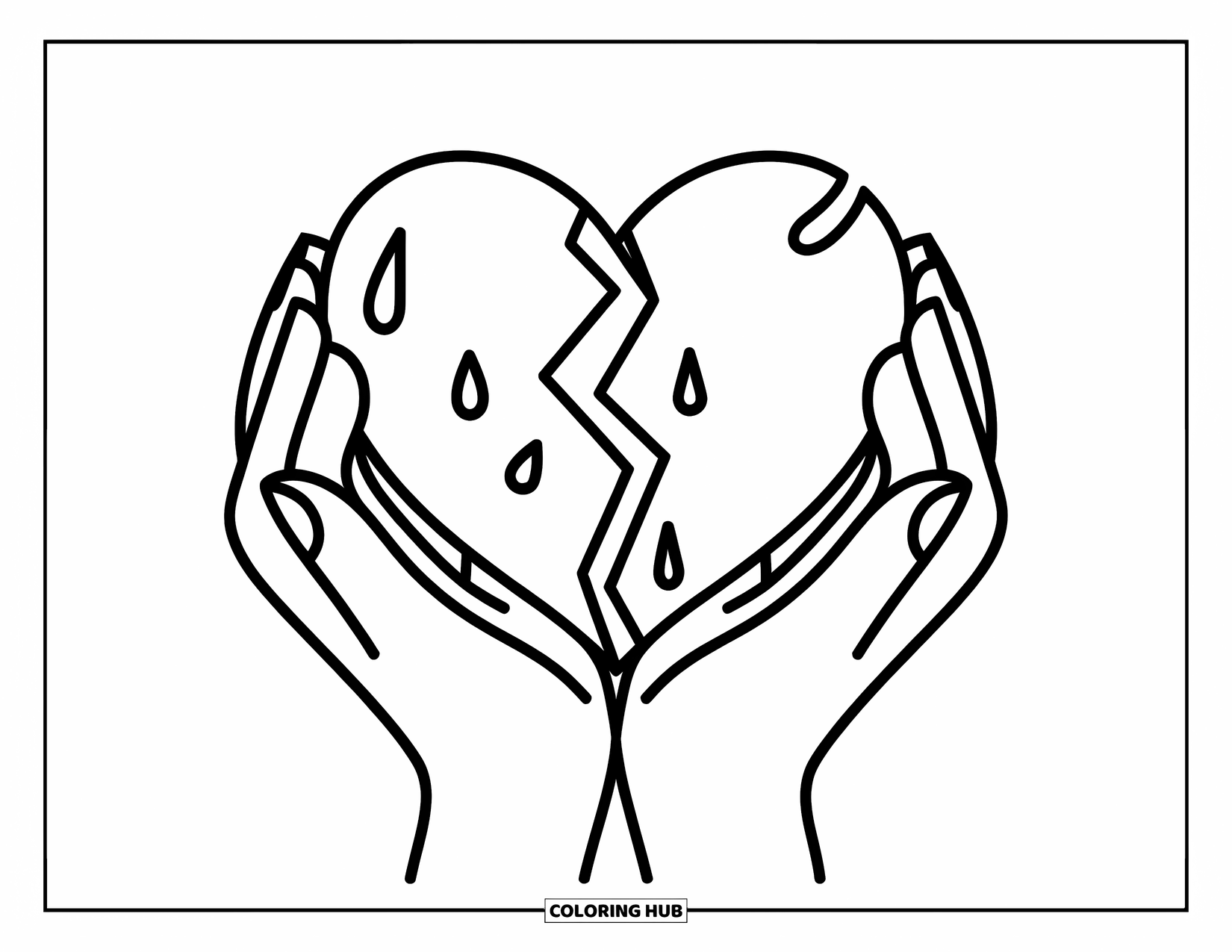 Broken Heart Coloring Page for Kids: A cracked heart rests in two gently cupped hands